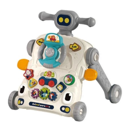 La plimbare - Antemergator 3 in 1 cu masuta de activitati, jucarii detasabile, lumini si sunete, gri