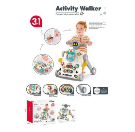 Antemergator 3 in 1 cu masuta de activitati, jucarii detasabile, lumini si sunete, gri [2]