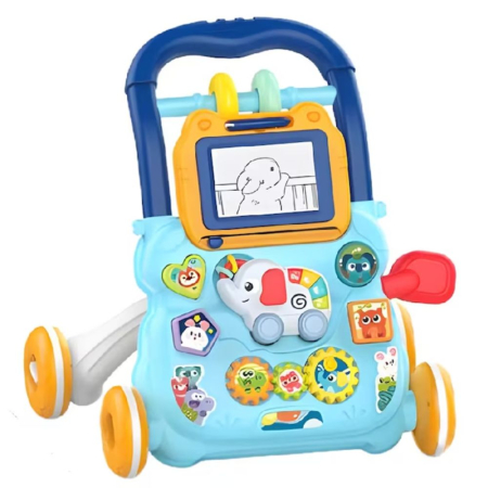 Premergatoare si antemergatoare - Antepremergator educational 2 in 1 cu tabla de scris, elefant muzical, oglinda si blocuri, +1 an, Bleu