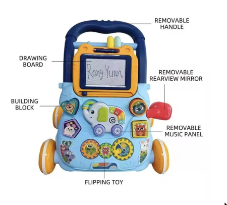 Premergatoare si antemergatoare - Antepremergator educational 2 in 1 cu tabla de scris, elefant muzical, oglinda si blocuri, +1 an, Bleu