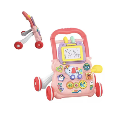 Premergatoare si antemergatoare - Antepremergator educational 2 in 1 cu tabla de scris, elefant muzical, oglinda si blocuri, +1 an, roz