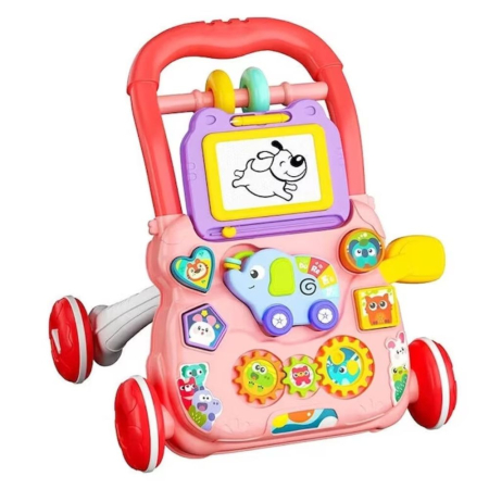 Premergatoare si antemergatoare - Antepremergator educational 2 in 1 cu tabla de scris, elefant muzical, oglinda si blocuri, +1 an, roz