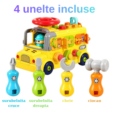 Jocuri si Jucarii - Autobuz atelier cu unelte, suruburi, rotite si activitati mecanice, 3 ani+