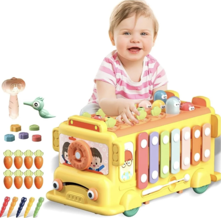 Jocuri si Jucarii - Jucarie interactiva autobuz multifunctional 4 in 1 cu xilofon si sortator, 3 ani+