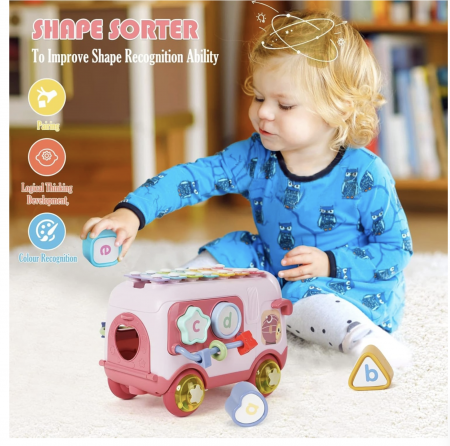 Autobuz interactiv cu xilofon, sortator si jucarii detasabile, roz [5]