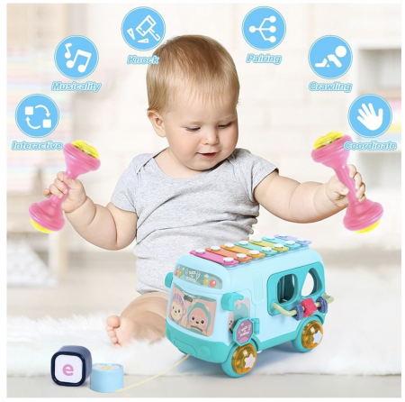 Jocuri si Jucarii - Autobuz interactiv cu xilofon, sortator si jucarii detasabile, bleu