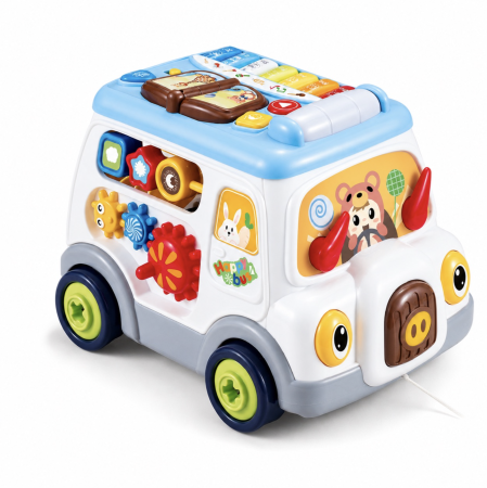Jocuri si Jucarii - Autobuz muzical interactiv in limba engleza, cu sortator de forme si snur de tras, 18 luni+