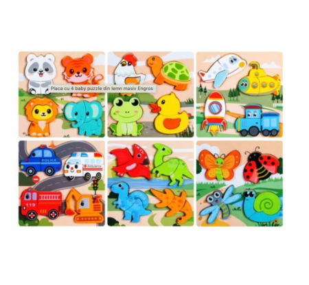 Puzzle lemn, incastru - Set 6 Baby Puzzle Incastu cu 4 imagini, din lemn masiv – Piese Mari