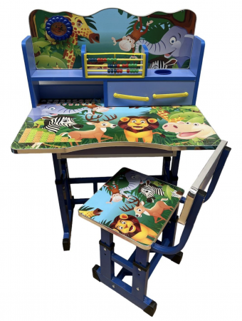 Camera copilului - Birou cu polita cu scaun pentru copii, reglabile, cadru metalic si lemn, roz, Jungla verde