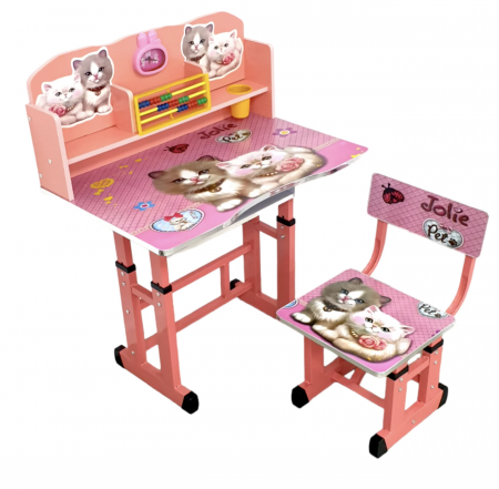 Camera copilului - Birou cu scaun pentru copii, reglabile, cadru metalic si MDF, Pisicute A3