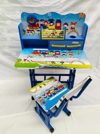 Birou mare cu scaun pentru copii, reglabile, cadru metalic si lemn, albastru, Train B11 - Krista® [4]