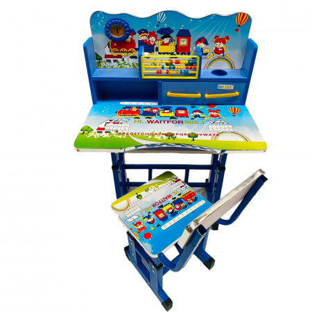 Birou mare cu scaun pentru copii, reglabile, cadru metalic si lemn, albastru, Train B11 - Krista® [0]