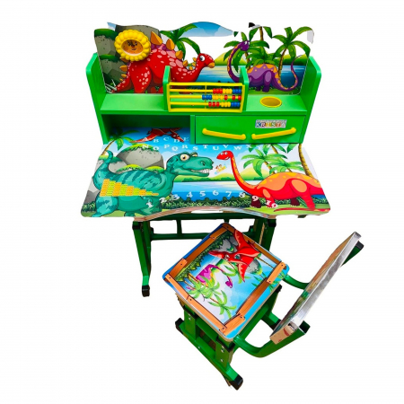 Birou mare cu scaun pentru copii, reglabile, cadru metalic si lemn, verde, Dinozauri B14 - Krista® [0]