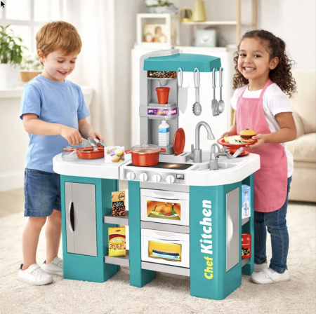 Jocuri si Jucarii - Bucatarie de jucarie electronica Chef Kitchen cu sunete, lumini si 53 accesorii, turcoaz, +3 ani