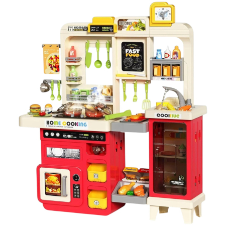 Jocuri si Jucarii - Bucatarie de jucarie mare Home Cooking Fast Food cu apa reala si accesorii, rosu, 100 cm, +3 ani