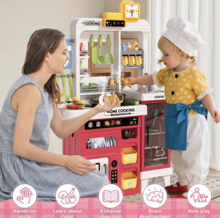Jocuri si Jucarii - Bucatarie de jucarie mare Home Cooking Fast Food cu apa reala si accesorii, rosu, 100 cm, +3 ani