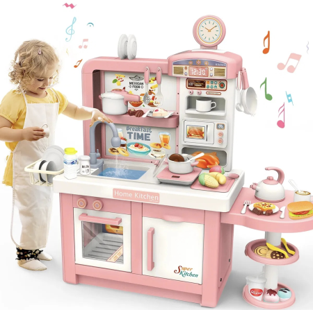 Jocuri si Jucarii - Bucatarie electronica Dream Kitchen cu abur, robinet cu apa si 49 accesorii, roz, 112 cm, +3 ani