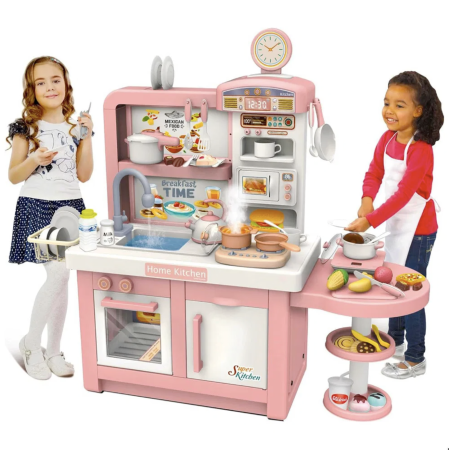 Jocuri si Jucarii - Bucatarie electronica Dream Kitchen cu abur, robinet cu apa si 49 accesorii, roz, 112 cm, +3 ani