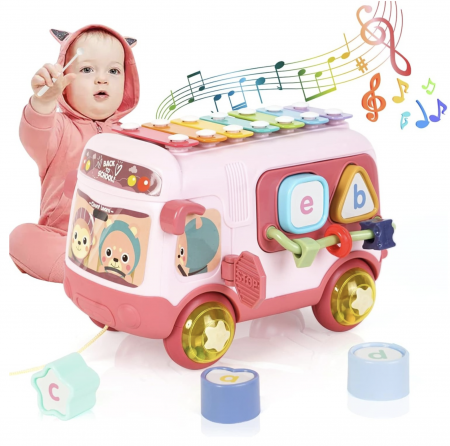 Jocuri si Jucarii - Autobuz interactiv cu xilofon, sortator si jucarii detasabile, roz