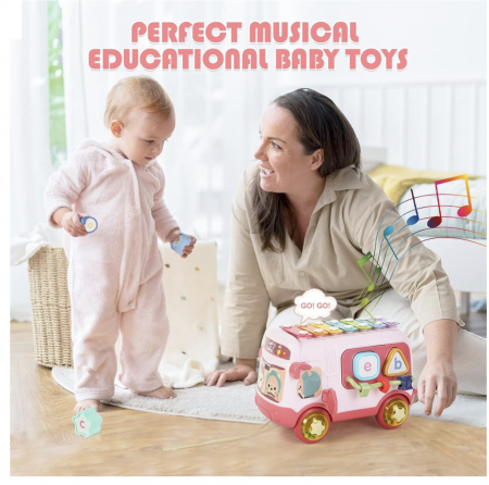 Autobuz interactiv cu xilofon, sortator si jucarii detasabile, roz [2]