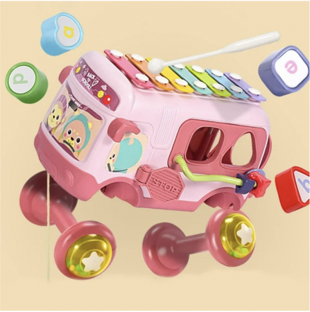 Jocuri si Jucarii - Autobuz interactiv cu xilofon, sortator si jucarii detasabile, roz