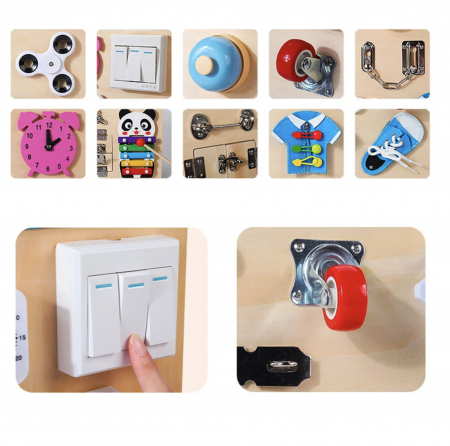 Jucarii din LEMN - de tip Montessori - Joc Montessori Placa Busy Board cu 11 Activități, Panda, din lemn