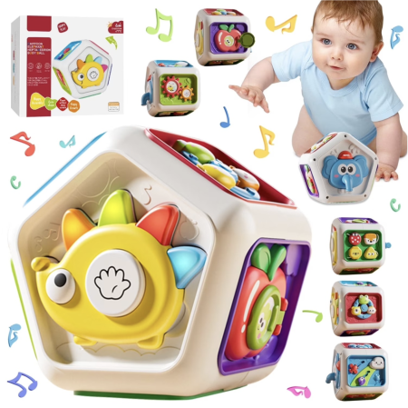 Jocuri si Jucarii - Busy Cube cu 7 activitati senzoriale, lumini si sunete - Animalute, 6 luni+