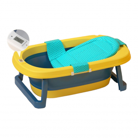 Cadite - Cadita pliabila CD03 cu suport si termometru, pentru bebelusi, galben cu verde