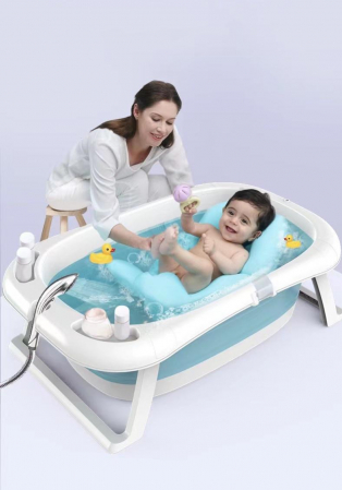 Cadita pliabila cu suport buretat si termometru, pentru bebelusi, bleu [3]