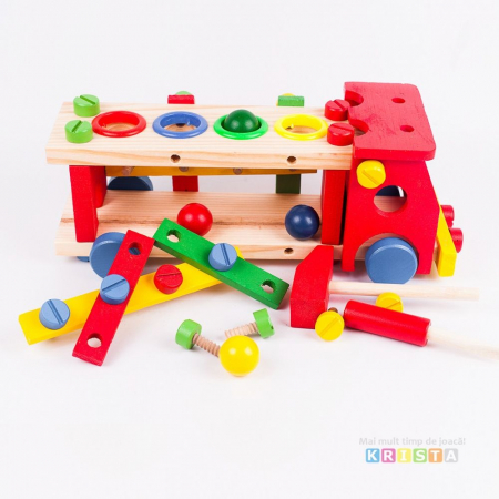 Jucarii de sortat si motricitate fina - Camion Sortator Cu Scule Si Bile Din Lemn