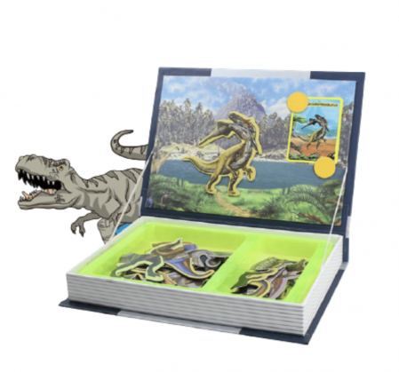 Puzzle clasic - Carte cu 18 Puzzle Magnetic Lumea Dinozaurilor, 57 piese