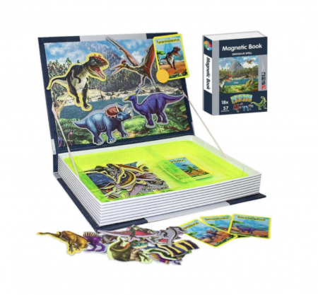 Puzzle clasic - Carte cu 18 Puzzle Magnetic Lumea Dinozaurilor, 57 piese