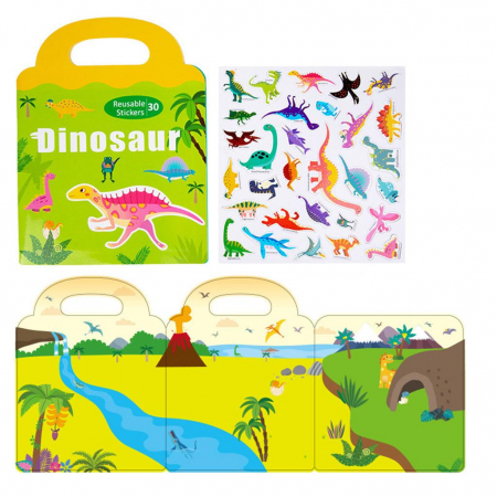 Jucarii educative si interactive - Carte magnetica cu 30 stickere reutilizabile, Dinozaurii si lumea Jurasikului