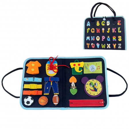 Jucarii educative si interactive - Carte senzoriala tip geanta, cu 16 activitati, 45x28 cm, din fetru, bleumarin