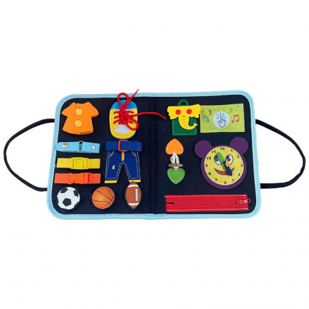 Jucarii educative si interactive - Carte senzoriala tip geanta, cu 16 activitati, 45x28 cm, din fetru, bleumarin