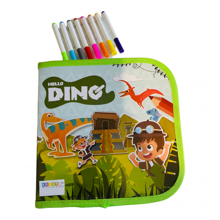 Carti educative, de colorat - Carte textila de colorat cu 6 pagini, reutilizabila, cu carioci