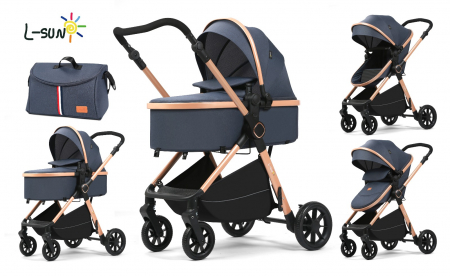 Carucioare 2 in 1 - Carucior 2 in 1, F7 Albastru, reversibil, pliabil compact, suspensii duble