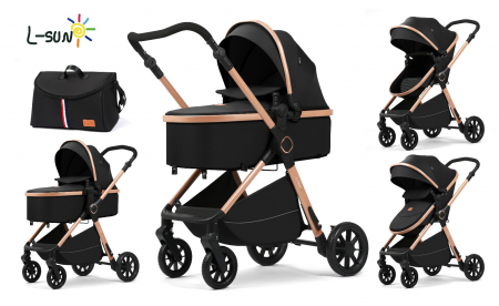 Carucioare 2 in 1 - Carucior 2 in 1, F7 Negru, reversibil, pliabil compact, suspensii duble