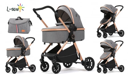 Carucioare 2 in 1 - Carucior 2 in 1, F7 Gri, reversibil, pliabil compact, suspensii duble