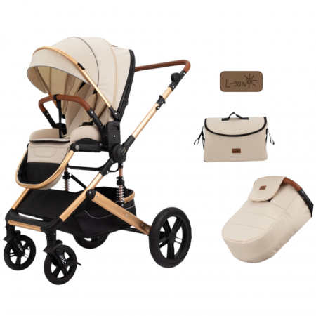 Carucioare 2 in 1 - Carucior 2 in 1 Premium Gold Q2, Crem, transformabil, reversibil, cu husa si geanta