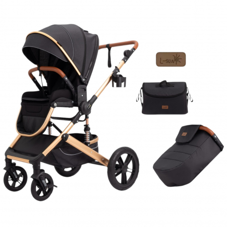 Carucioare 2 in 1 - Carucior 2 in 1 Premium Gold Q2, Negru, transformabil, reversibil, cu husa si geanta