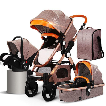 Carucioare copii - Carucior 3 in 1 Deluxe cu Scoica, Dubla Suspensie si Maner Reversibil Golden Crem