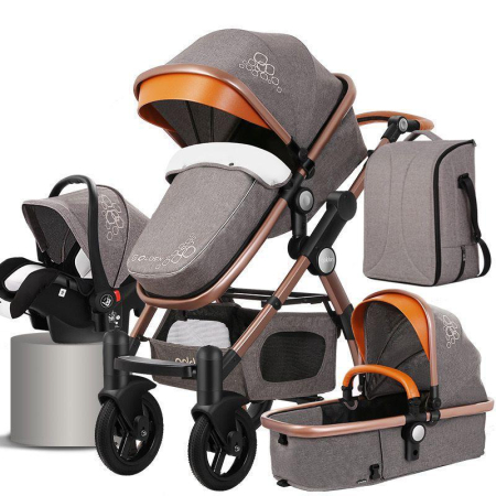 Carucioare copii - Carucior 3 in 1 Deluxe cu Scoica, Dubla Suspensie si Maner Reversibil Golden Gri