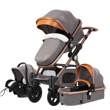 Carucioare copii - Carucior 3 in 1 Deluxe cu Scoica, Dubla Suspensie si Maner Reversibil Golden Gri