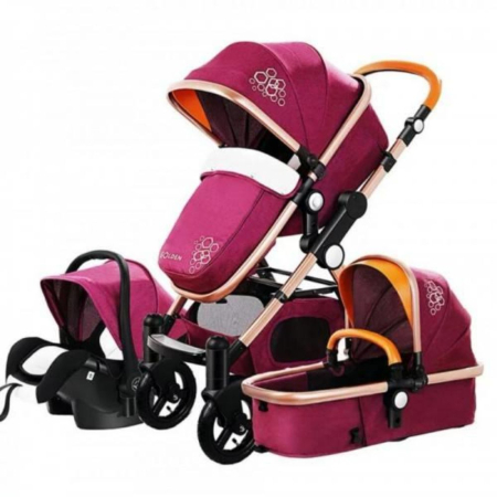 Carucioare copii - Carucior 3 in 1 Deluxe cu Scoica, Dubla Suspensie si Maner Reversibil Golden Mov