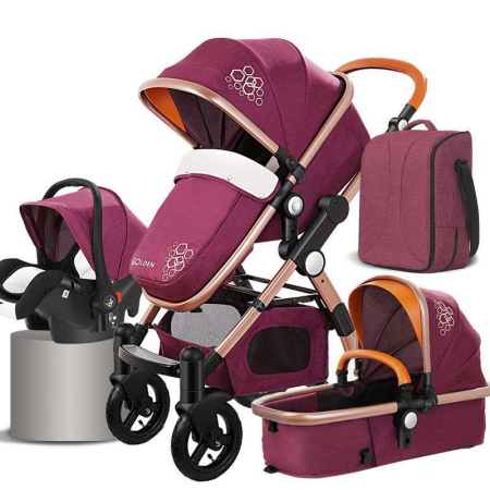 Carucioare copii - Carucior 3 in 1 Deluxe cu Scoica, Dubla Suspensie si Maner Reversibil Golden Mov