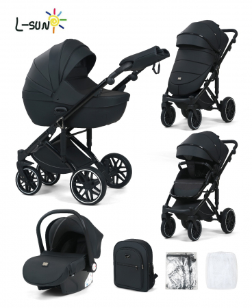 Carucioare copii - Carucior 3 in 1, G8 Luxury Negru, reversibil, cu suspensii, din piele ECO