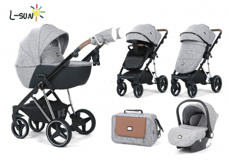 Carucioare copii - Carucior 3 in 1, G9 Luxury Gri, reversibil, cu suspensii