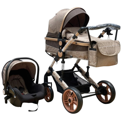 Carucioare 3 in 1 - Carucior 3 in 1, landou transformabil in sport si scoica, pliabil, reversibil, 588 Crem