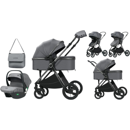 Carucioare copii - Carucior 3 in 1 Luxmom A4, Gri, Dublu Reversibil cu Scoica